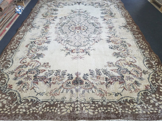 7x10 oushak wool rug, turkish handmade oversize area rug, muted living room rug,