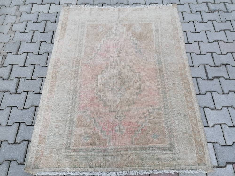 4.5 x 6 feet faded vintage turkish rug, oushak kitchen area wool rug, living room floor rug, handmade
