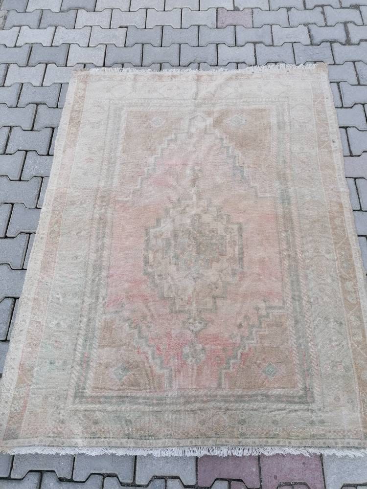 4.5 x 6 feet faded vintage turkish rug, oushak kitchen area wool rug, living room floor rug, handmade