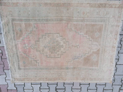 4.5 x 6 feet faded vintage turkish rug, oushak kitchen area wool rug, living room floor rug, handmade