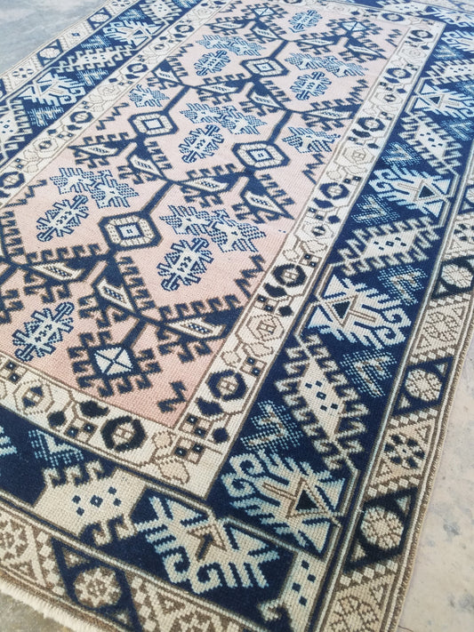 4x6 feet blue anatolian oushak rug, turkish rug, vintage rug, handmade wool rug, kitchen bohemian rug, muted color living room area rug,
