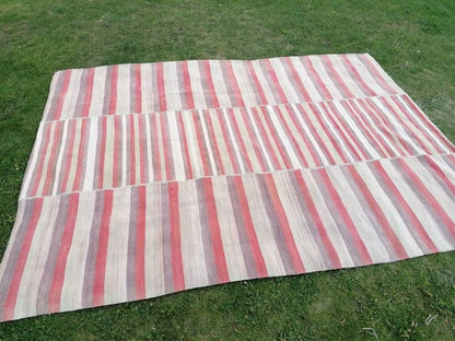 7 x 9.5 feet oversize wool kilim, pastel stripe rug, handmade rug living room, turkish