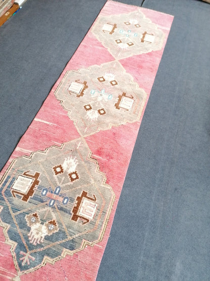 Pink runner rug 2.10 x 10.2 turkish vintage runner rug, hallway runner rug,kitchen runner rug