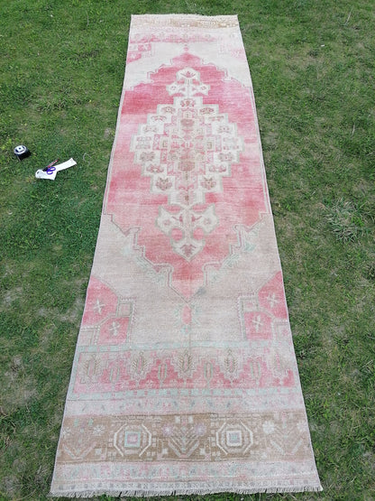 2.11 x 10.10 turkish runner wool rug, vintage runner rug, vintage oushak rug unique handmade