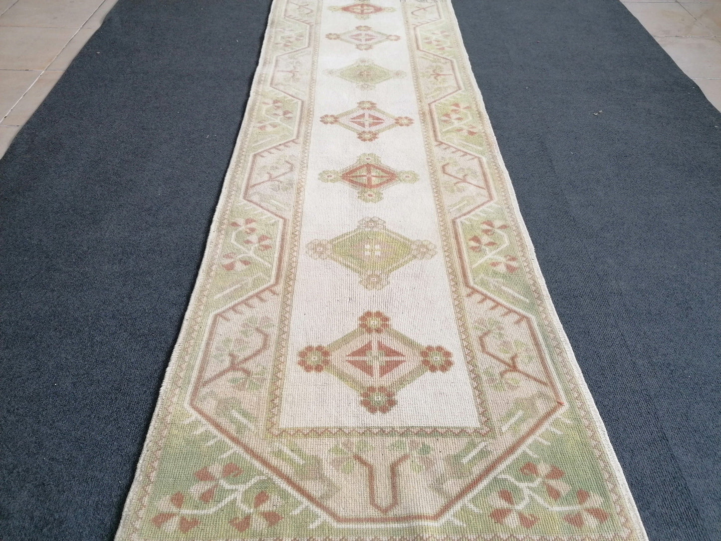 Pastel green  runner rug, 2.5 x 9.5 faded runner rug, turkish runner rug, vintage runner rug,