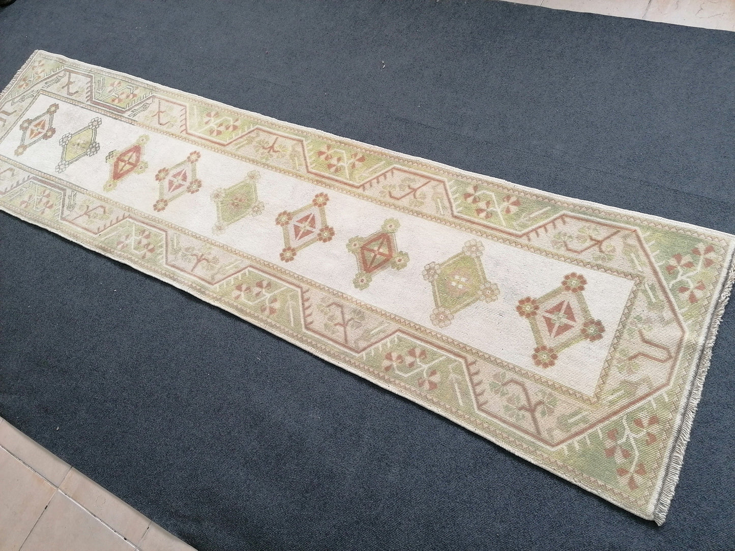 Pastel green  runner rug, 2.5 x 9.5 faded runner rug, turkish runner rug, vintage runner rug,
