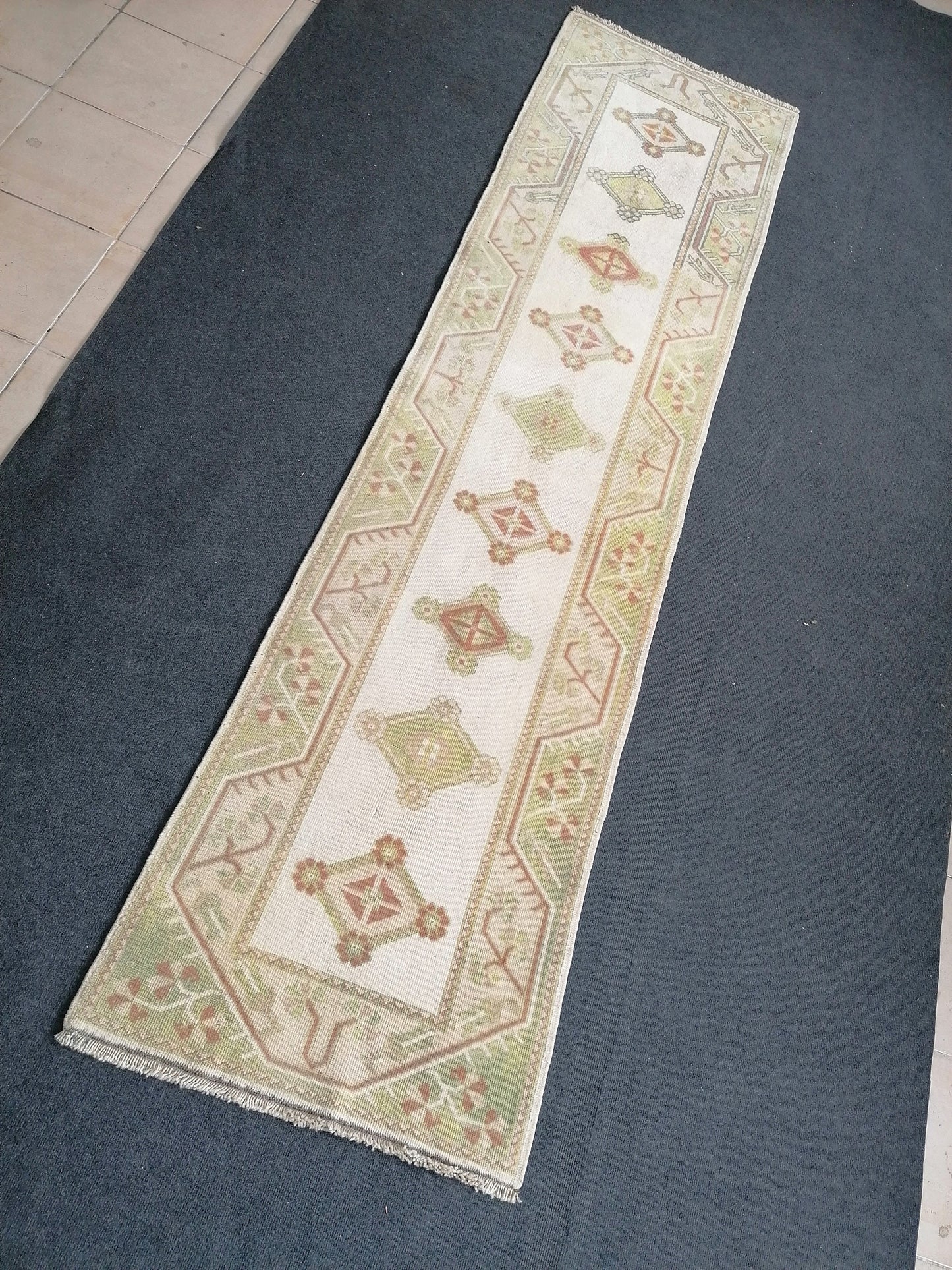 Pastel green  runner rug, 2.5 x 9.5 faded runner rug, turkish runner rug, vintage runner rug,
