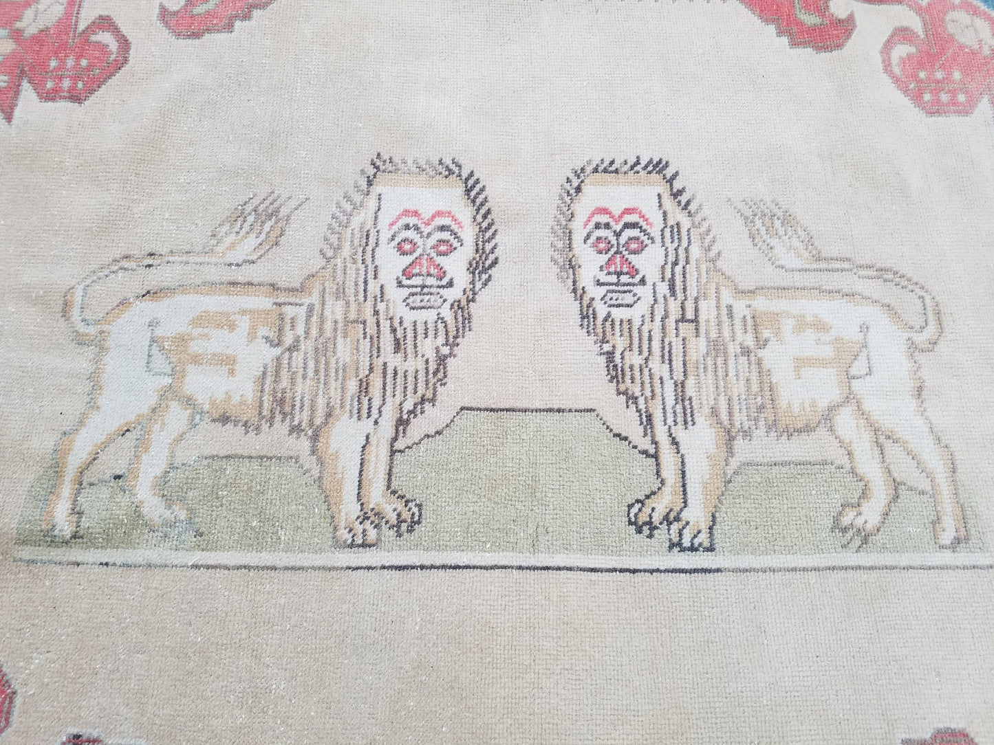 4.4 x 7 Lion oushak handmade wool rug  turkish rug vintage rug,