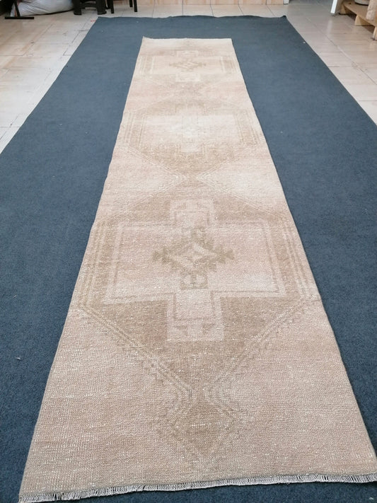 2.8 x 11.8 oushak runner rug, muted vintage runner rug, Neutral turkish runner rug, handmade rug