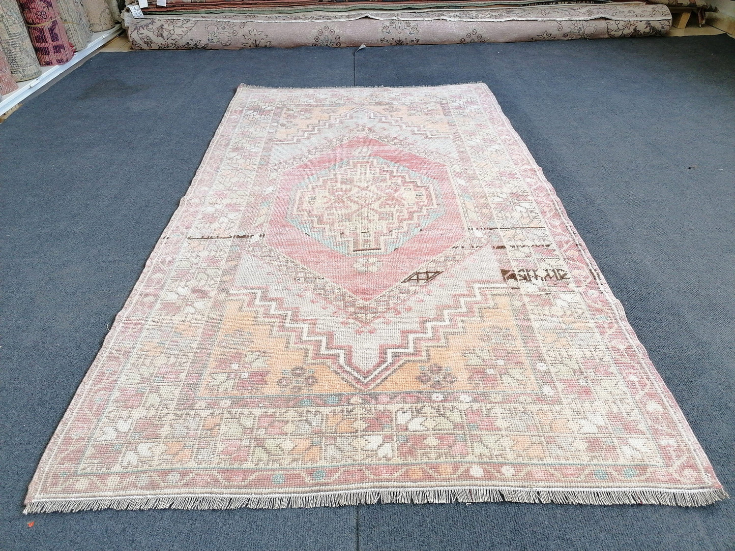 3.7 x 6.6 pastel vintage handmade wool rug, turkish rug, oushak vintage rug,