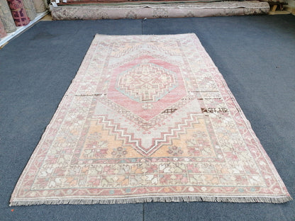 3.7 x 6.6 pastel vintage handmade wool rug, turkish rug, oushak vintage rug,