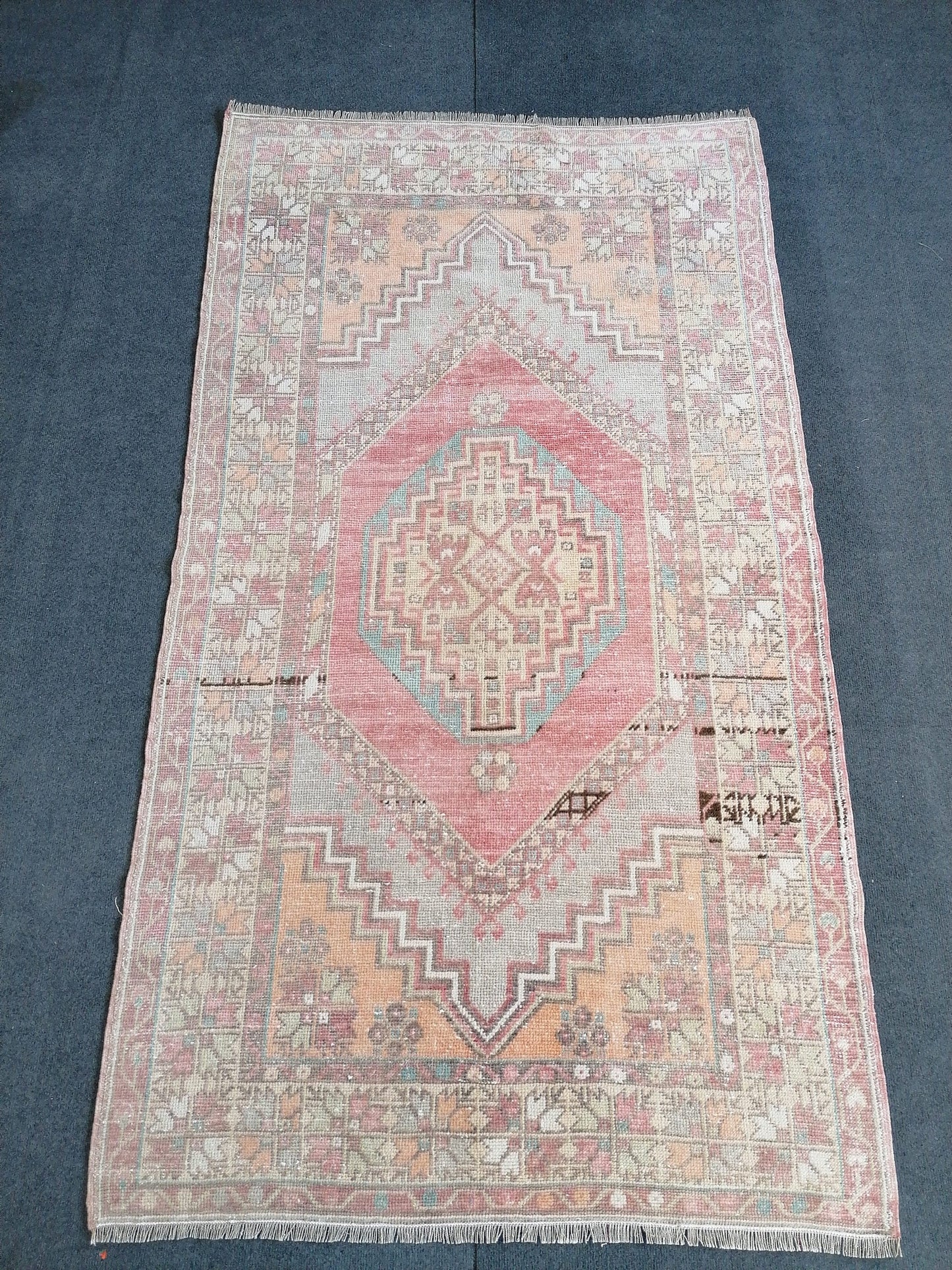 3.7 x 6.6 pastel vintage handmade wool rug, turkish rug, oushak vintage rug,
