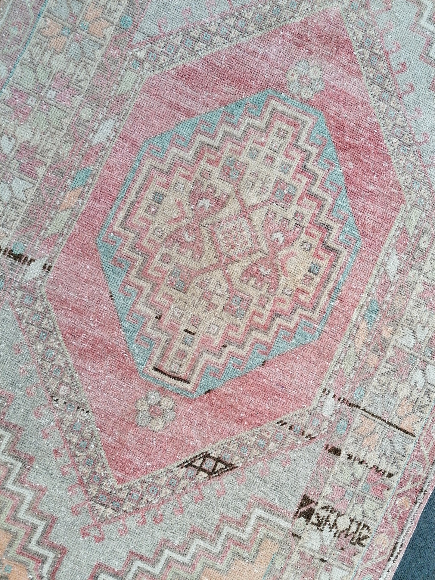 3.7 x 6.6 pastel vintage handmade wool rug, turkish rug, oushak vintage rug,
