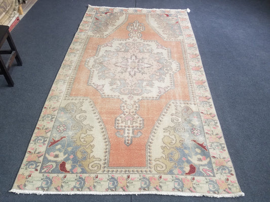 4 x 7.7 Pastel vintage rug, vintage handmade wool rug, oushak rug, rustic distressed rug