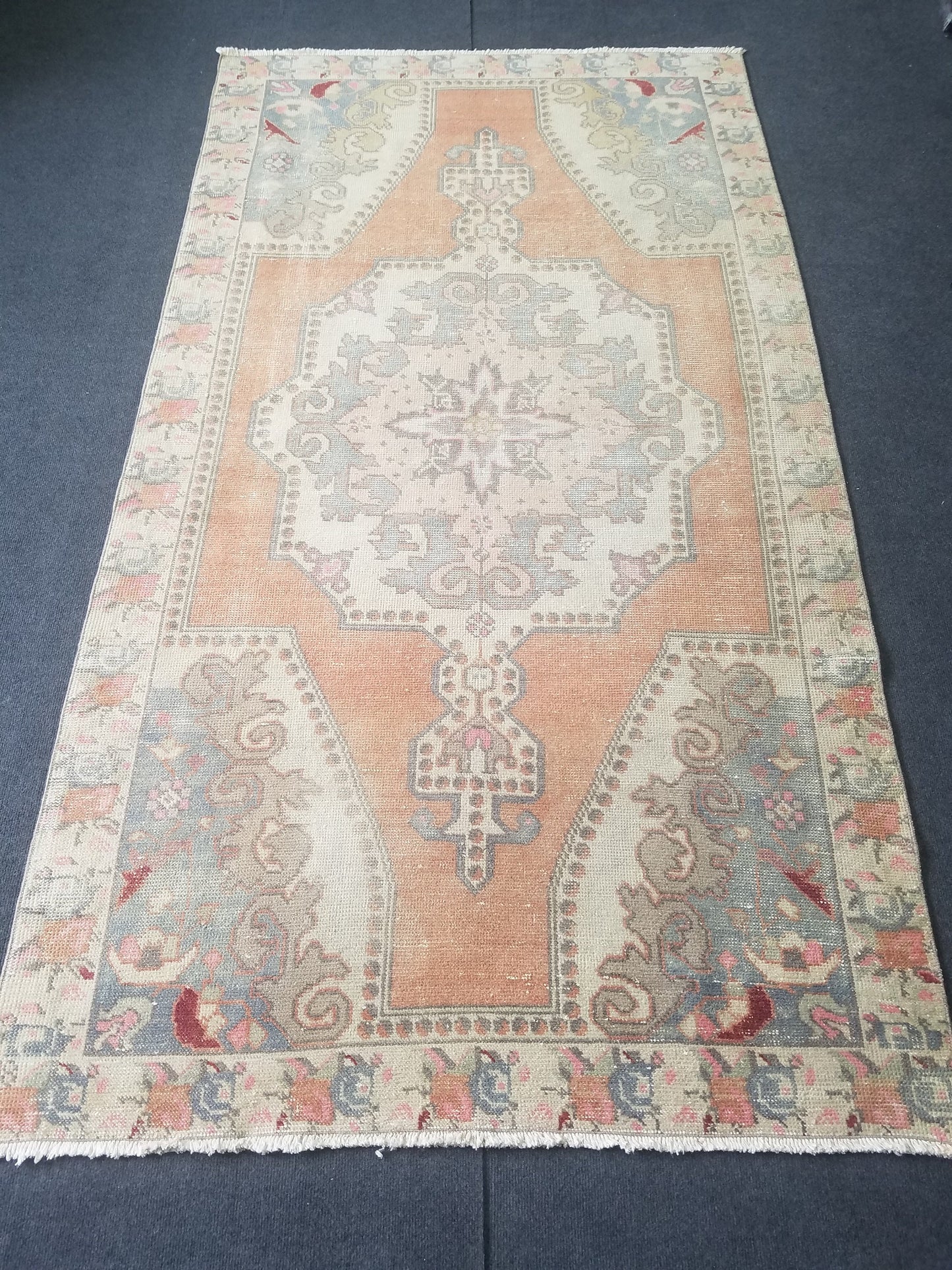 4 x 7.7 Pastel vintage rug, vintage handmade wool rug, oushak rug, rustic distressed rug