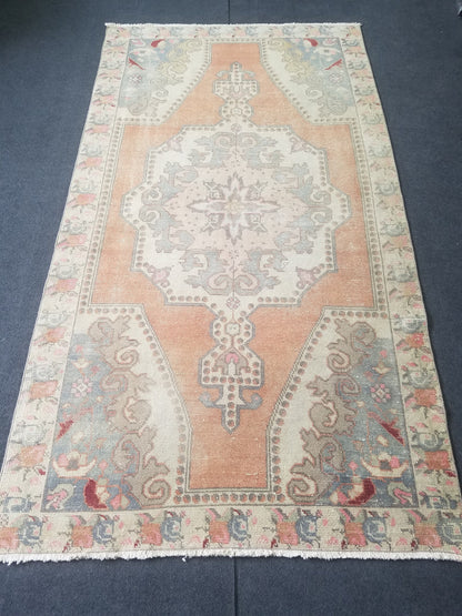 4 x 7.7 Pastel vintage rug, vintage handmade wool rug, oushak rug, rustic distressed rug