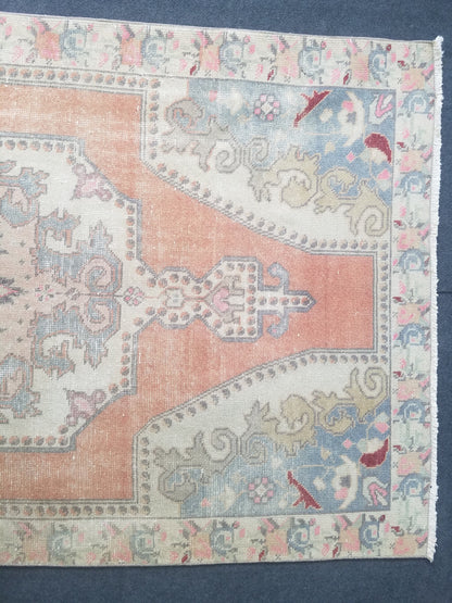 4 x 7.7 Pastel vintage rug, vintage handmade wool rug, oushak rug, rustic distressed rug