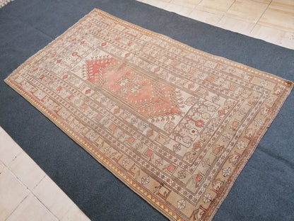 Turkish rug 4.5 x 7.8 distressed vintage rug, oushak handmade wool rug, old turkish rug