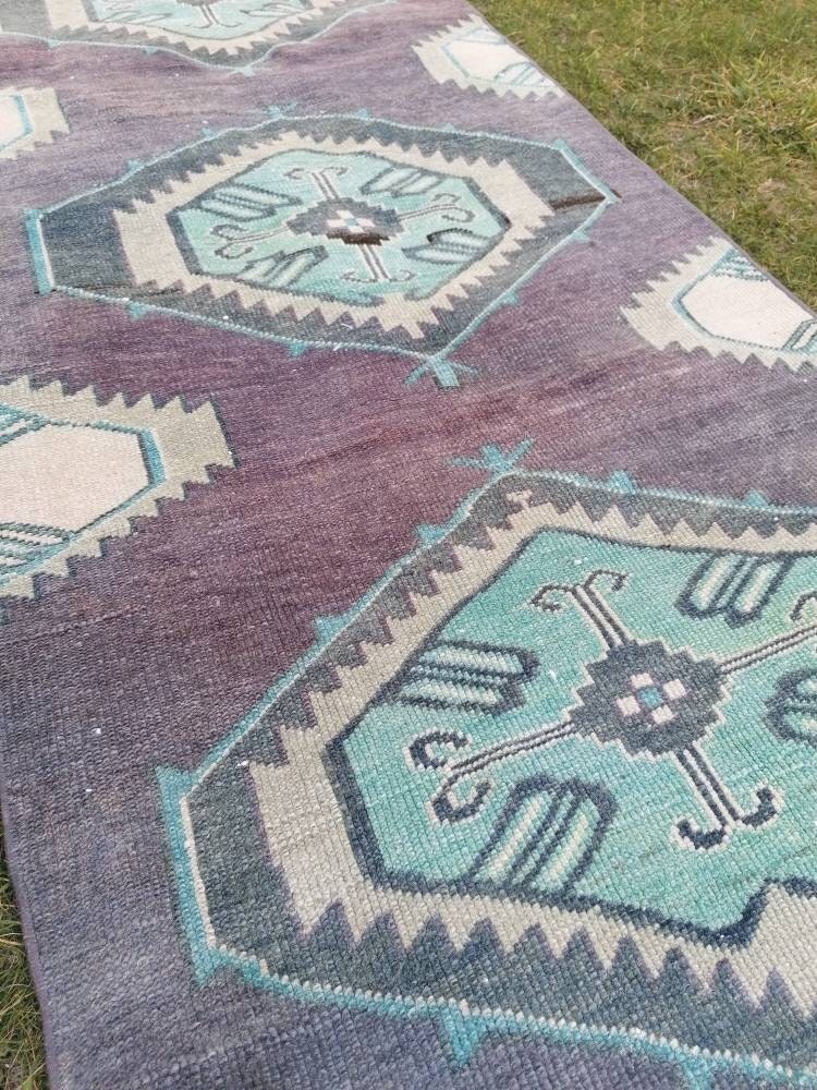 Vintage  purple runner 2.7 x 9.5 oushak wool runner hallway handmade runner, turkish runner rug,