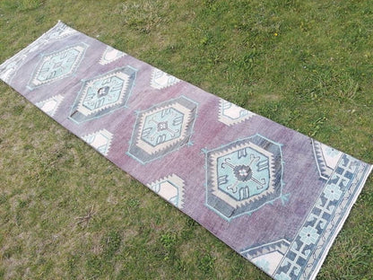 Vintage  purple runner 2.7 x 9.5 oushak wool runner hallway handmade runner, turkish runner rug,