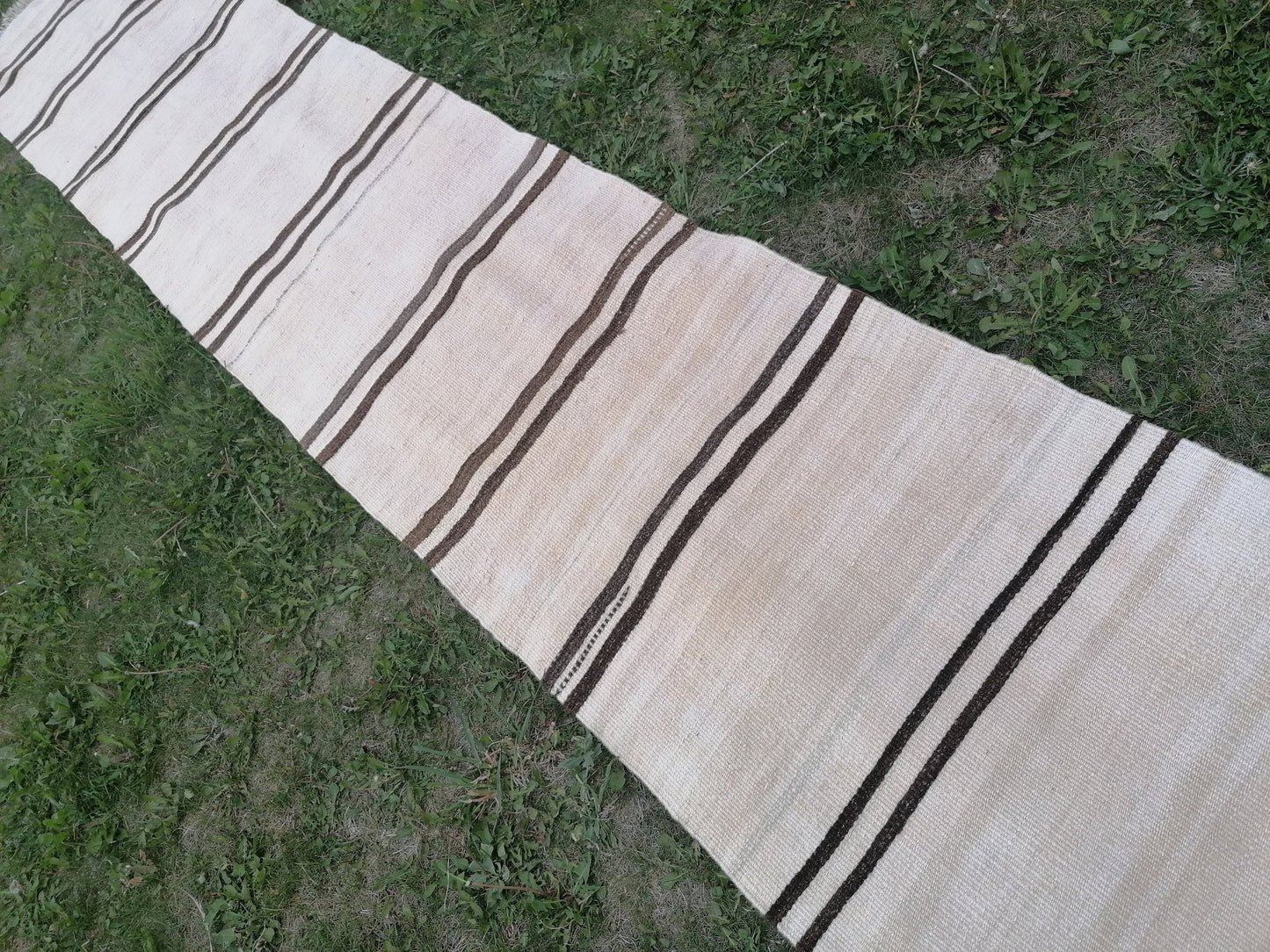 2 x 15 neutral flatweave runner rug, woven handmade wool runner, long stripe kilim runner rug