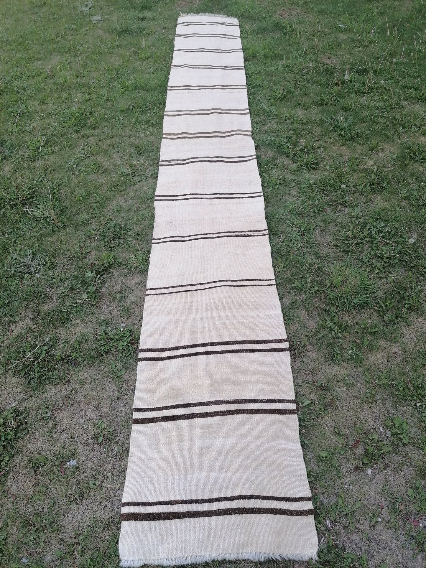 2 x 15 neutral flatweave runner rug, woven handmade wool runner, long stripe kilim runner rug