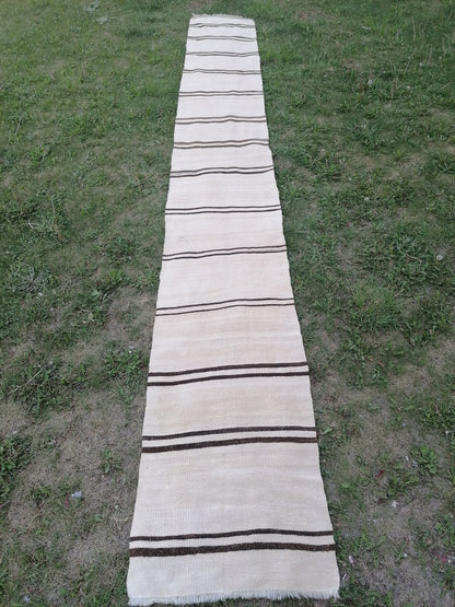 2 x 15 neutral flatweave runner rug, woven handmade wool runner, long stripe kilim runner rug