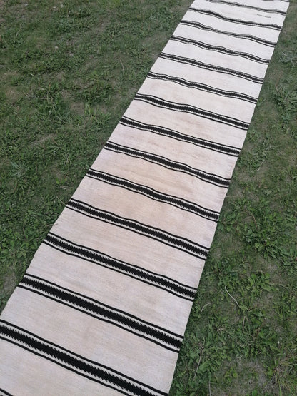 2.5 x 21 Extra Long Neutral flatweave wool runner rug - stripe kilim runner, long handmade runner,  turkish woven runner rug