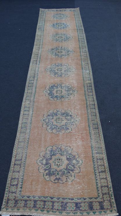 2.7 x 11.2 Turkish distressed runner rug, vintage wool runner rug  hallway oushak runner rug