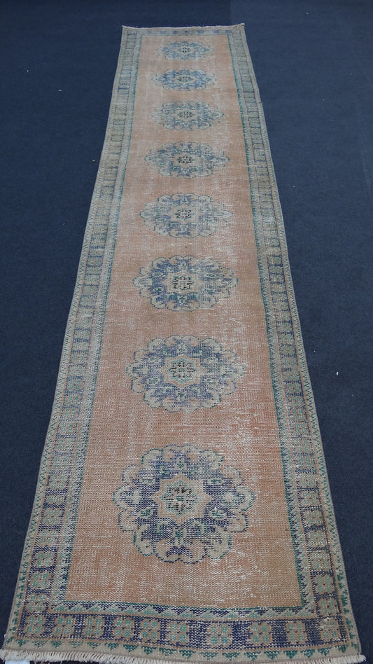 2.7 x 11.2 Turkish distressed runner rug, vintage wool runner rug  hallway oushak runner rug