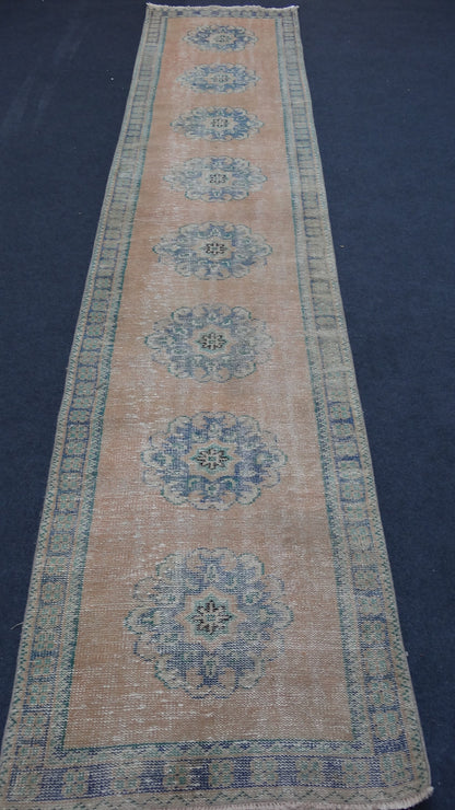 2.7 x 11.2 Turkish distressed runner rug, vintage wool runner rug  hallway oushak runner rug