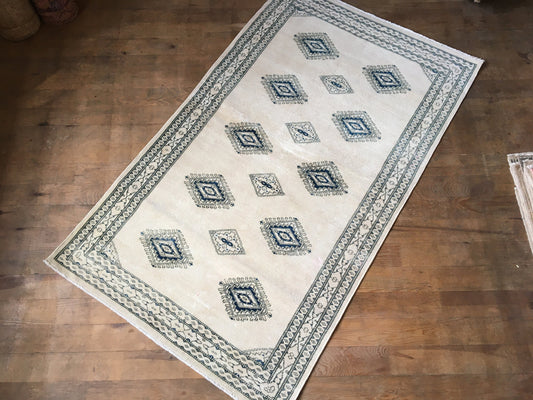 3x5 feet handmade blue turkish rug, oushak white large rug, vintage wool living room area rug, hallway old oriental rug, large floor rugs