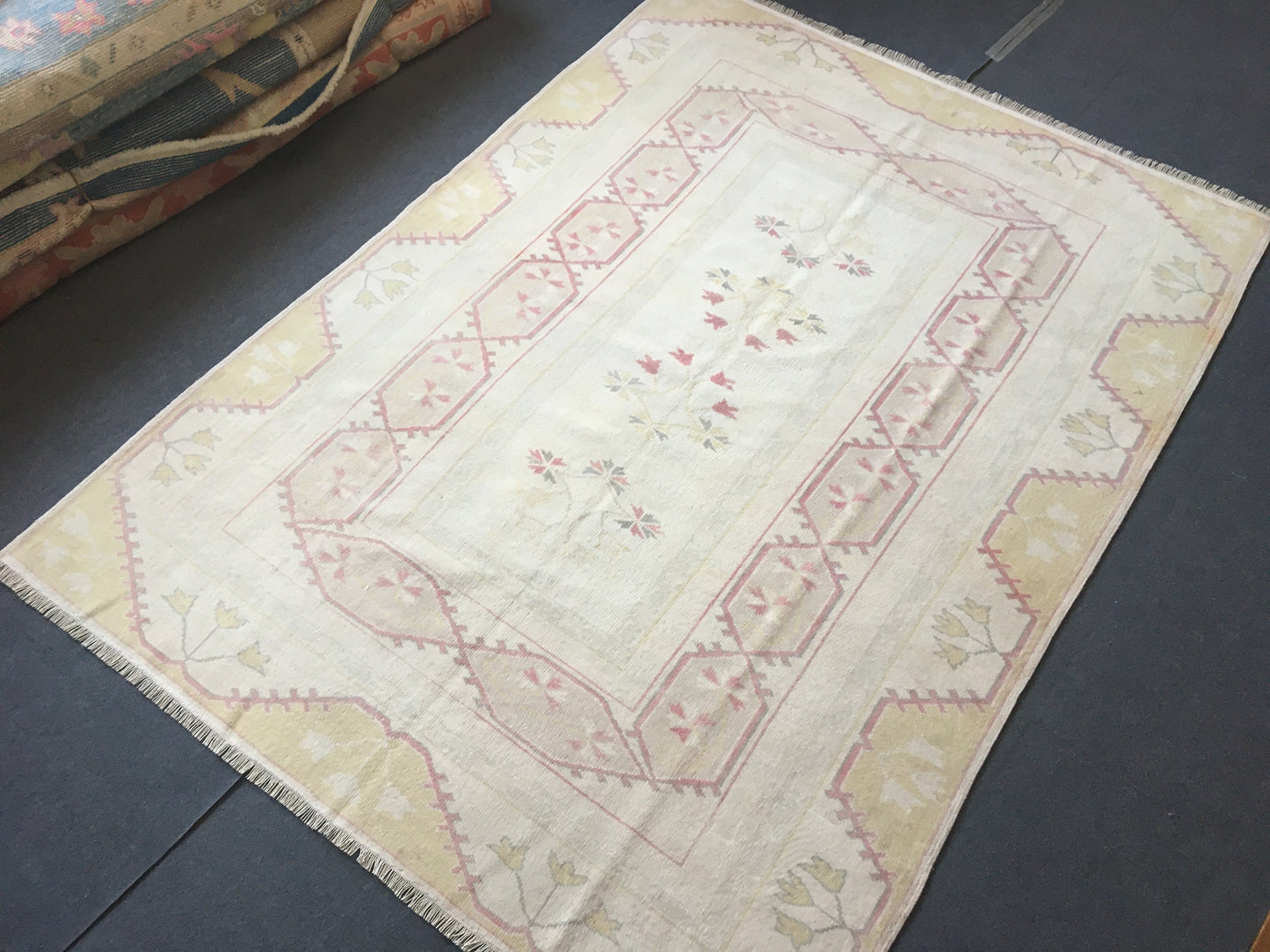 5x7 muted turkish rug, pastel bohemian rug, vintage oushak rug, wool rug, kitchen rug, living room rug,
