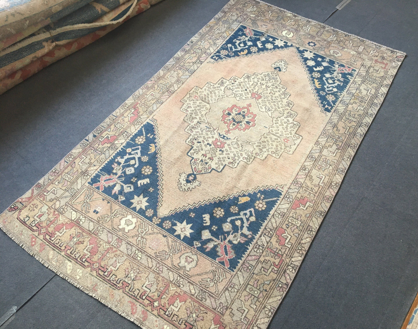 4.5 x 8 feet handmade area rug, vintage turkish muted rug, bohemian antique blue rug,