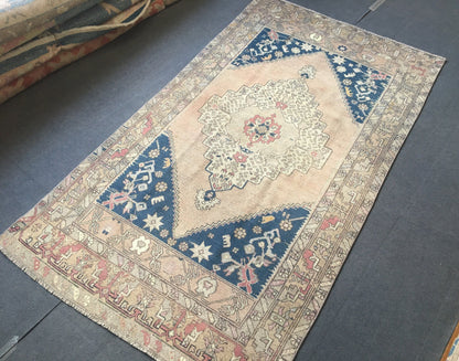 4.5 x 8 feet handmade area rug, vintage turkish muted rug, bohemian antique blue rug,