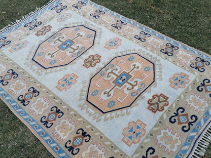 5.8 x 8 Oushak turkish rug  pastel vintage rug, kitchen rug, vintage anatolian rug,unique handmade