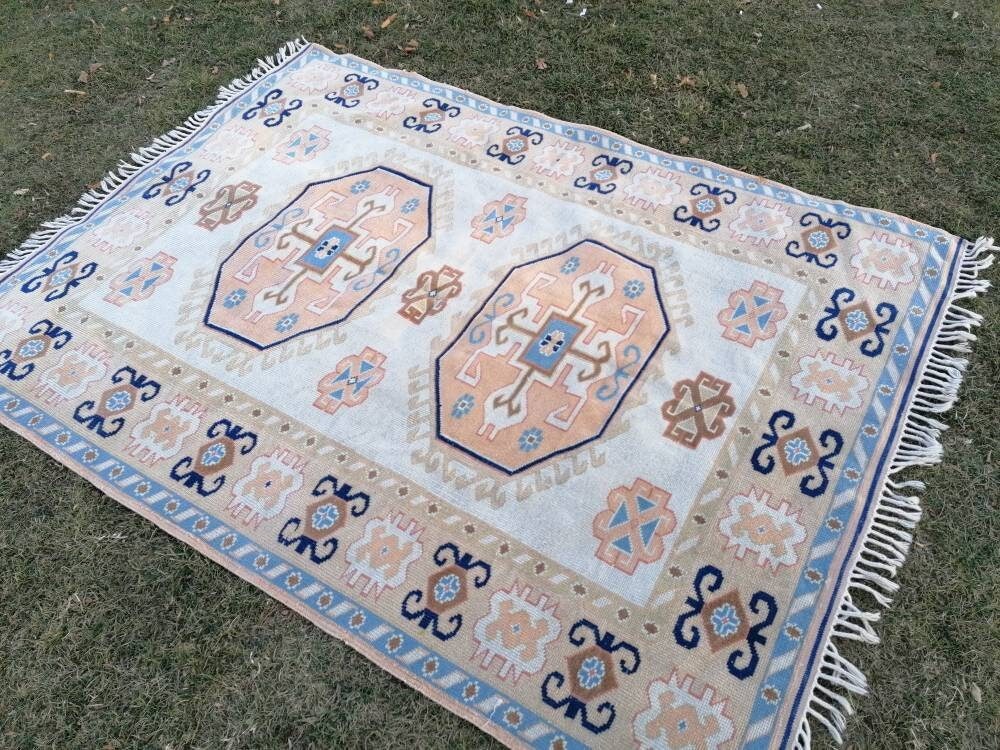 5.8 x 7.8 Oushak wool rug, vintage blue hand made rug  kitchen rug, living room rug, vintage anatolian
