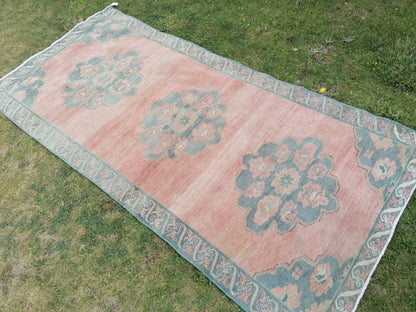 4.6 x 9.6 oushak turkish runner rug,vintage green runner rug, hallway runner rug, hand made wool runner, kitchen rug