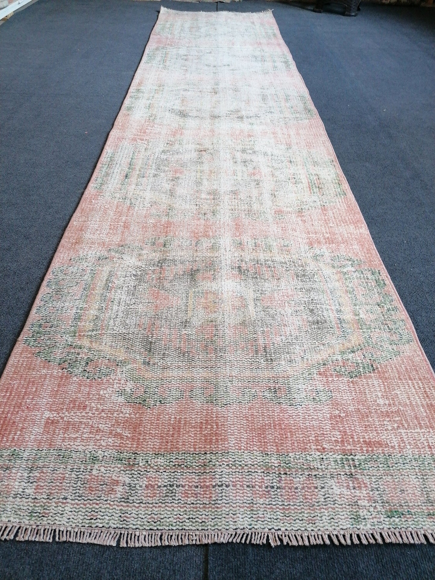 2.9 x 11.7 distressed oushak turkish runner rug, turkish rug , anatolian rug