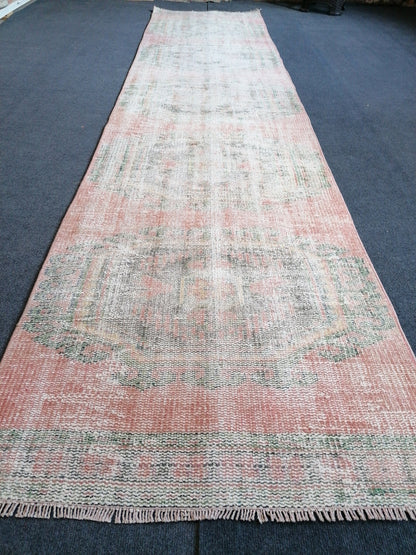 2.9 x 11.7 distressed oushak turkish runner rug, turkish rug , anatolian rug