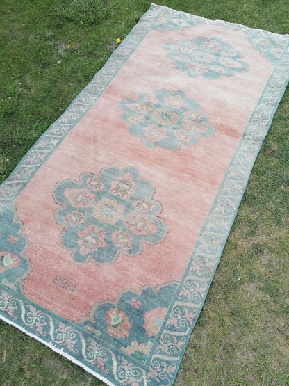 4.6 x 9.6 oushak turkish runner rug,vintage green runner rug, hallway runner rug, hand made wool runner, kitchen rug
