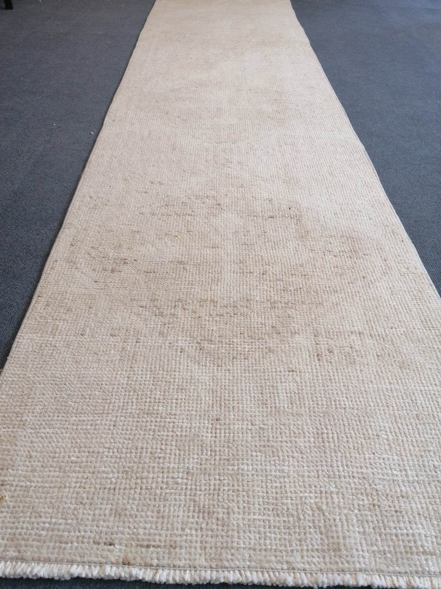2.3 x 12.6 Neutral runner rug, muted Oushak runner, Turkish runner rug