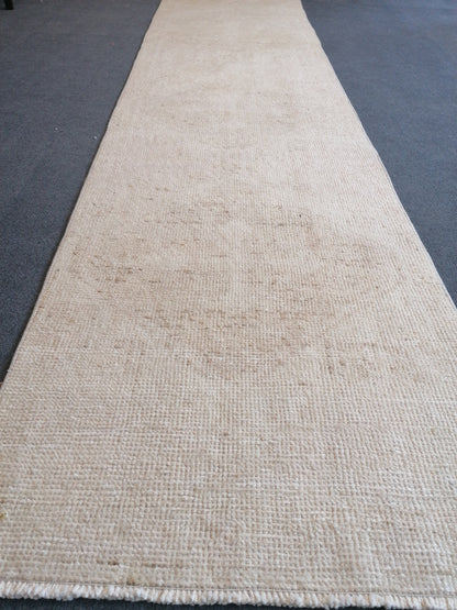 2.3 x 12.6 Neutral runner rug, muted Oushak runner, Turkish runner rug