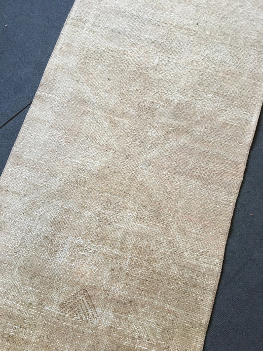 3x11 feet muted turkish wool runner, neutral runner runner,  faded vintage long runner rug, kitchen bohemian runner, hallway handmade runner