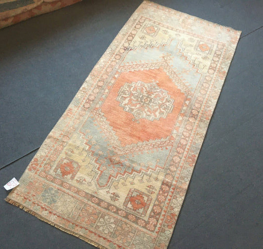 3x7 feet faded color corridor runner, handmade wool turkish kitchen runner, vintage bathroom runner rug, blue entryway long runner,bohem rug