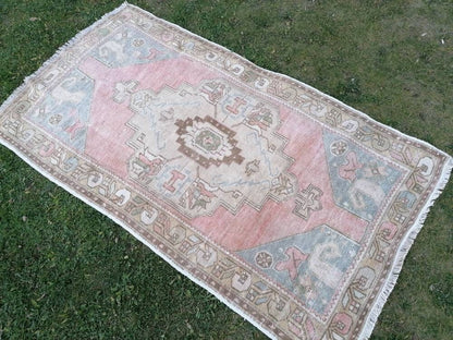 3.7 x 6.6 vintage pastel turkish rug, oushak vintage rug, kitchen rug, vintage anatolian rug,unique hand made