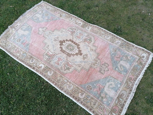 3.7 x 6.6 vintage pastel turkish rug, oushak vintage rug, kitchen rug, vintage anatolian rug,unique hand made