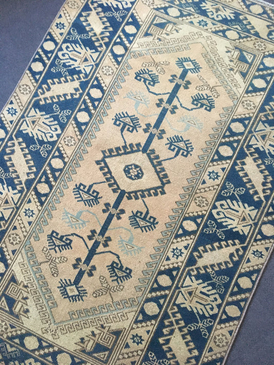 4x6 feet wool turkish kitchen floor wide rug, handmade oushak muted blue bedroom area rug, vintage living room large rug, laundry area rugs