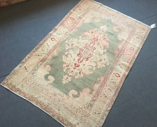 4x6 feet turkish green rug, vintage wool bedroom large rug, oushak handmade kitchen red rug, faded bohemian bathroom rug, persian design rug