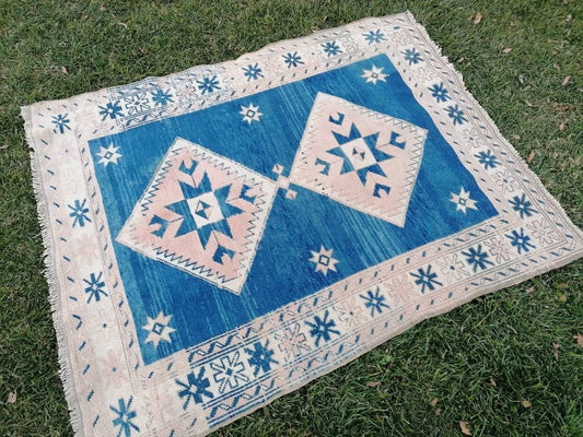 4.5 x 5.7 Oushak turkish rug, blue vintage wool rug,  vintage hand made wool rug,